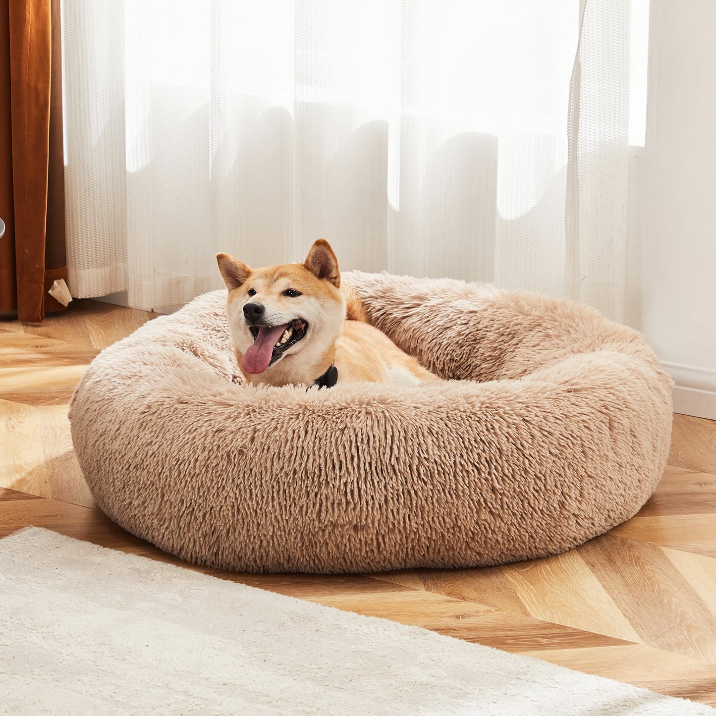JHK Calming Dog Bed Washable Faux Fur Plush Round Bed