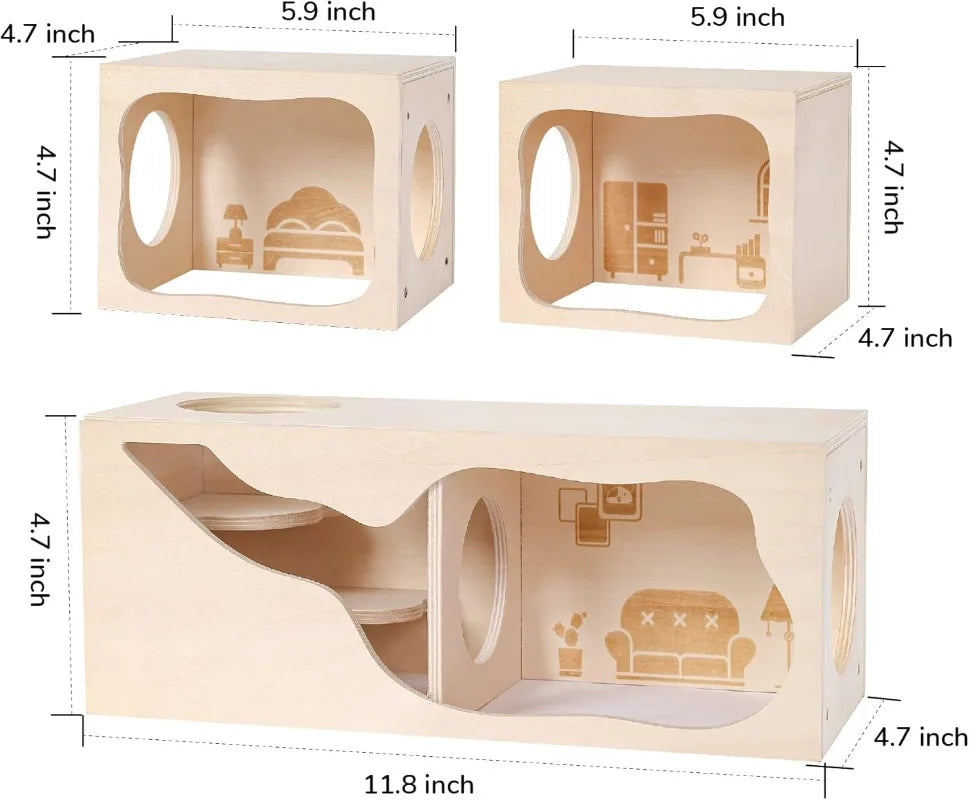 Wooden Hideout House With Tunnel for Small Pets