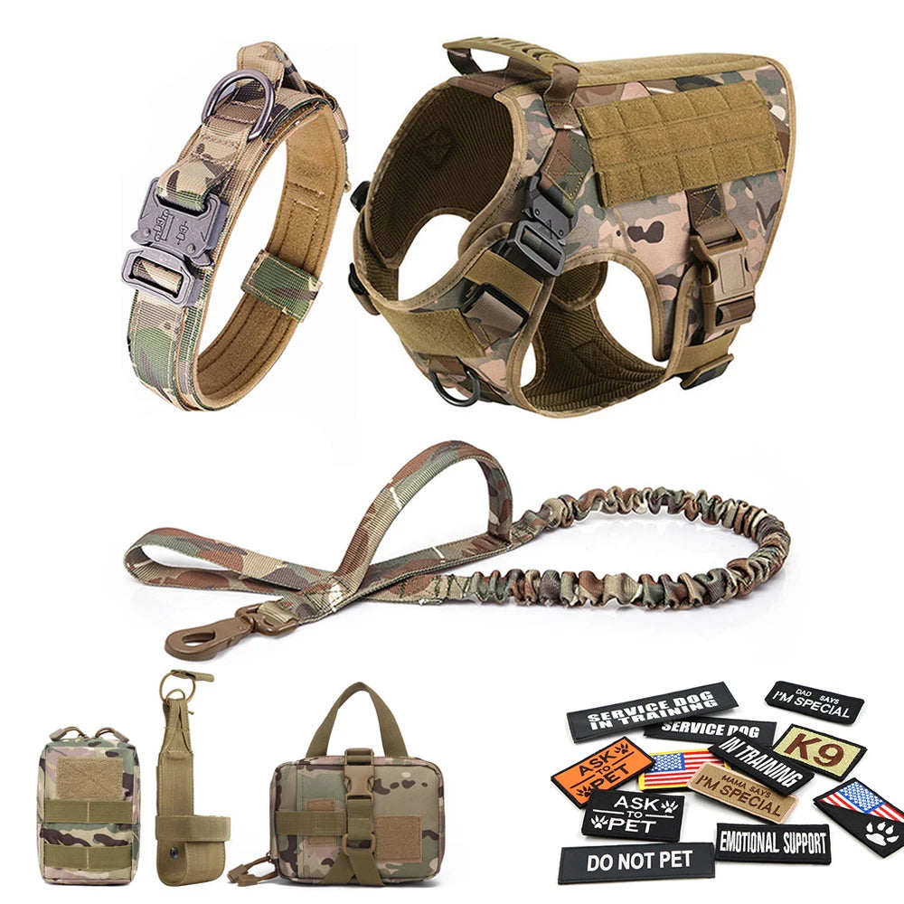 Military Style Dog Harness Set with Collar Leash and Patches