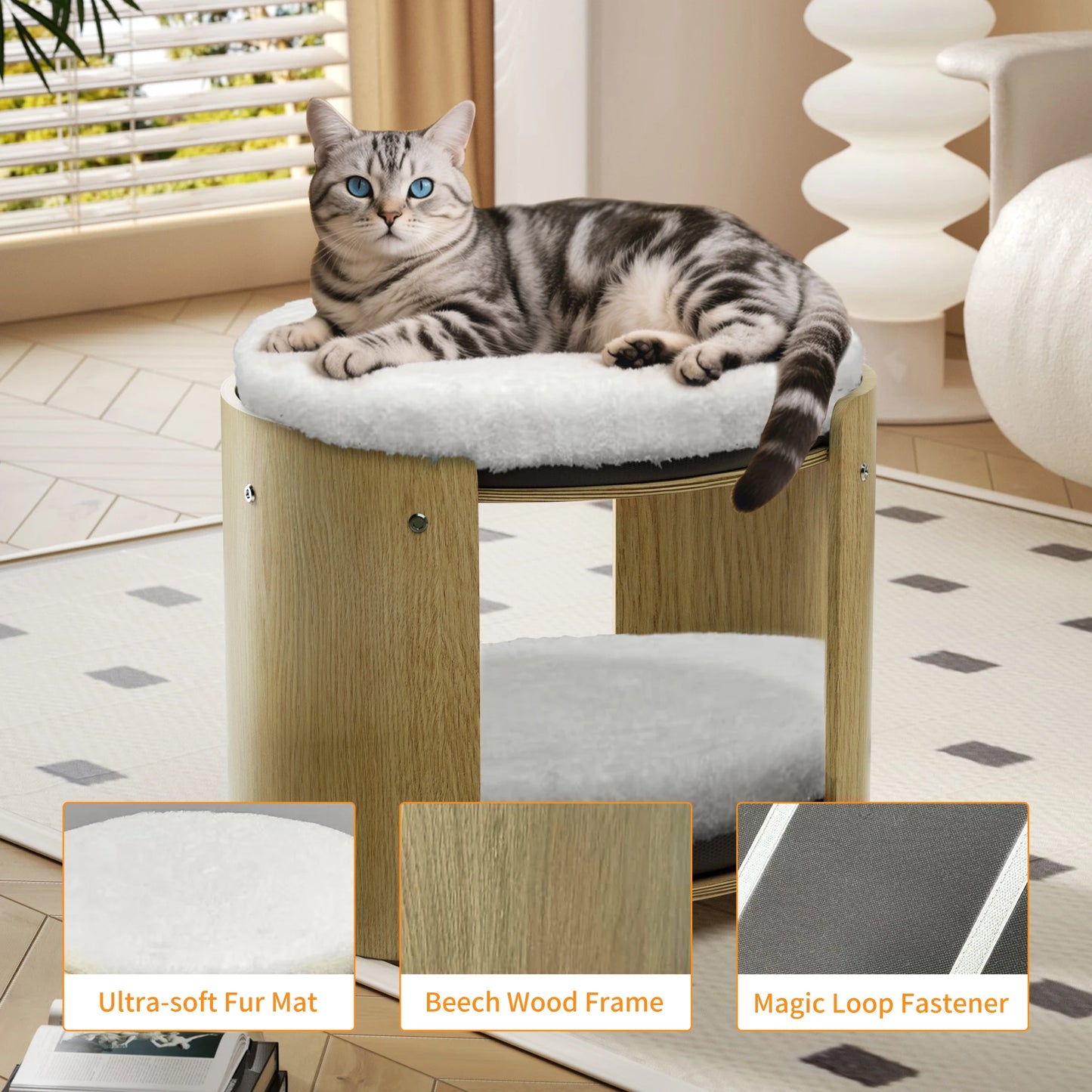 Bingopaw Elevated Cat Bed 2-Tier Cat Tree Tower with Natural Bamboo Frame and Plush Mat