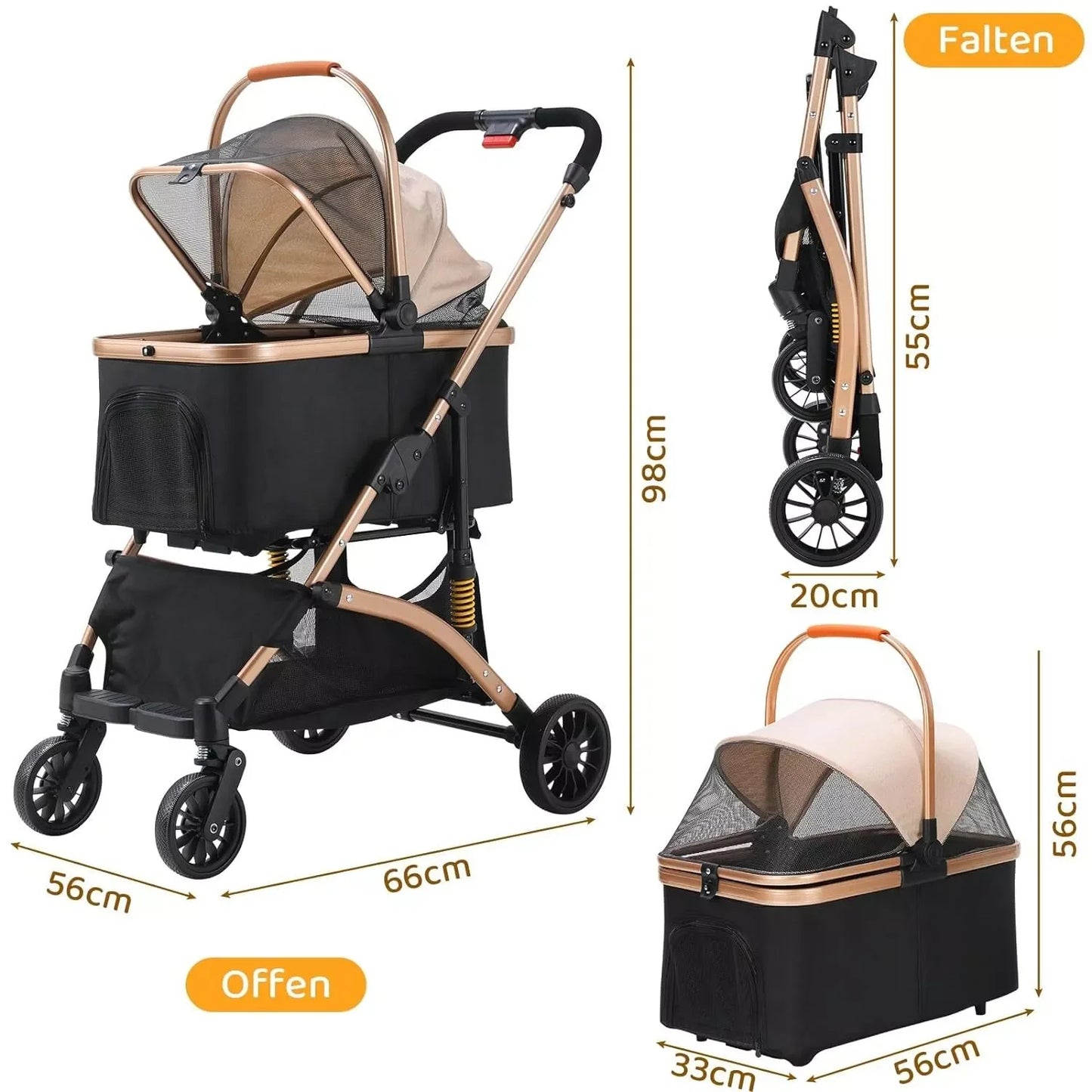 2 in 1 Dog Buggy Stroller with 360 Degree Wheels and Storage Basket