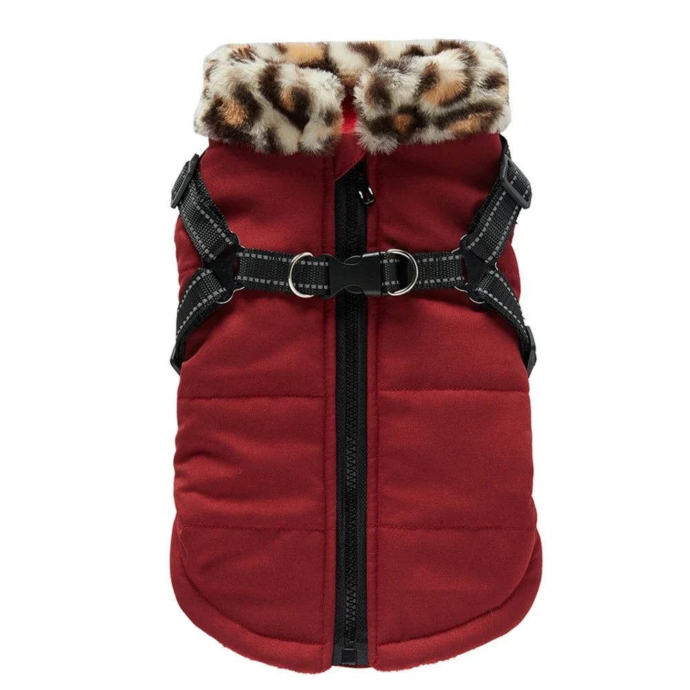 Winter Warm Dog Clothes Thicken Pet Jacket With Harness Fur Collar For Small Medium Chihuahua French Bulldog