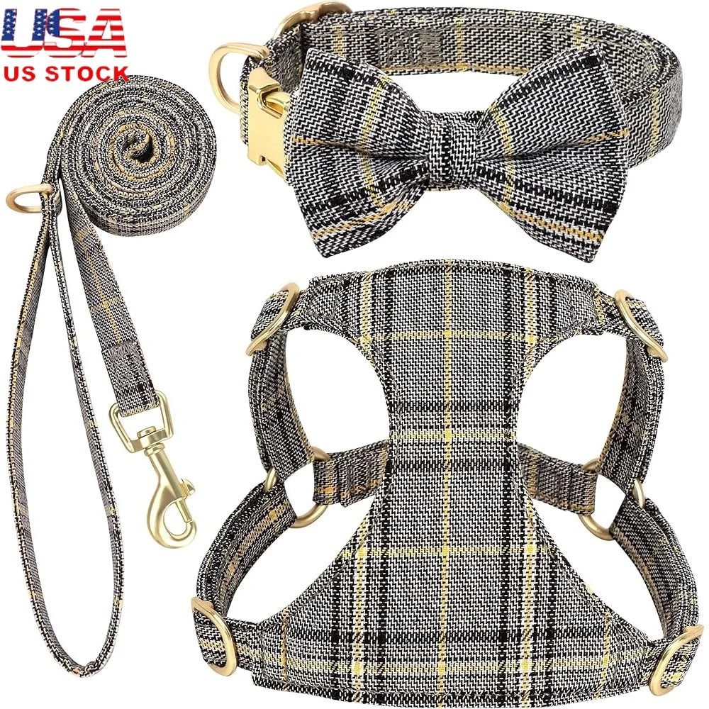 Cute Small Dog Harness Set with Adjustable Plaid Collar and Leash