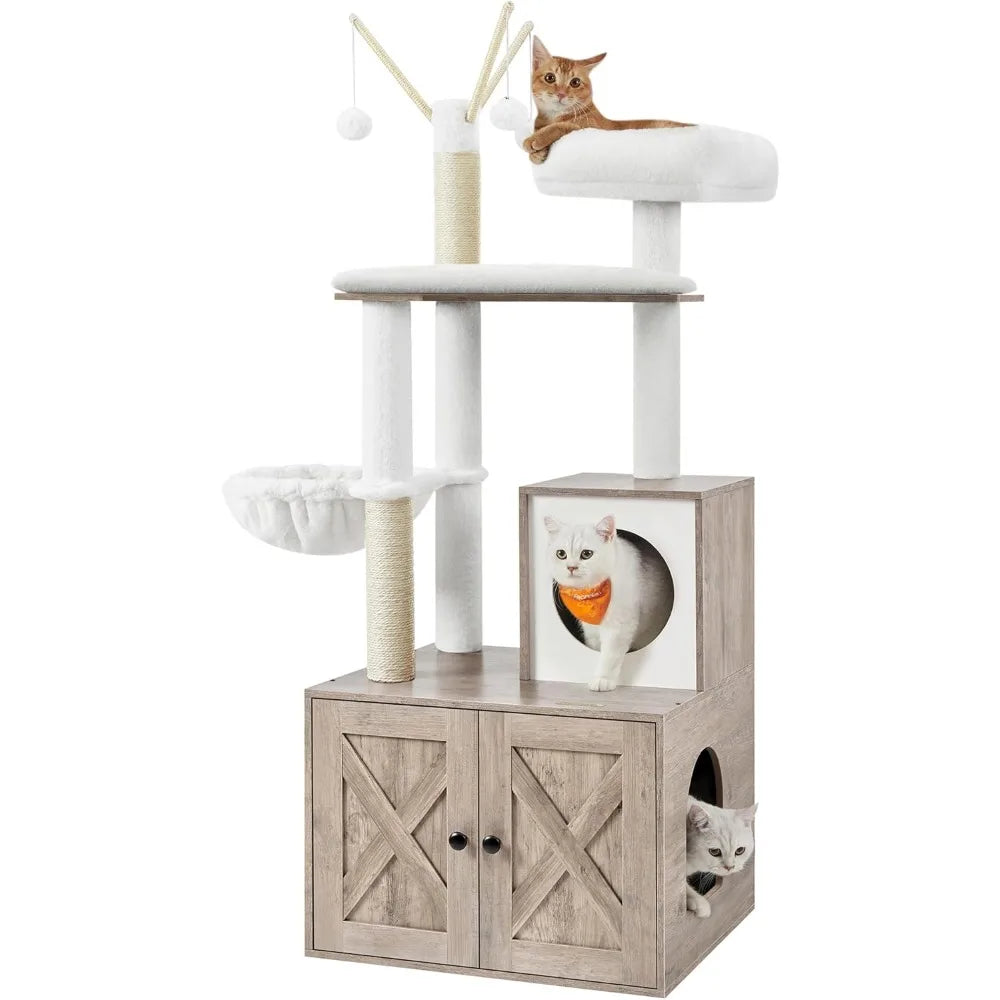 Cat Tree With Litter Box Enclosure 2 In 1 Modern Cat Tower 55.1 Inch Cat Condo With Scratching Posts Removable Pompom Sticks