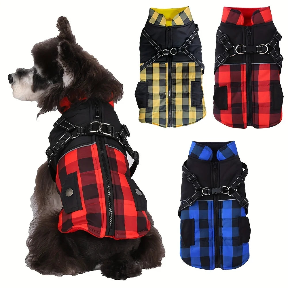Plaid Thicken Padded Pet Dog Jacket With Harness Cold Weather Windproof Winter Coat For Small Medium Large Dogs