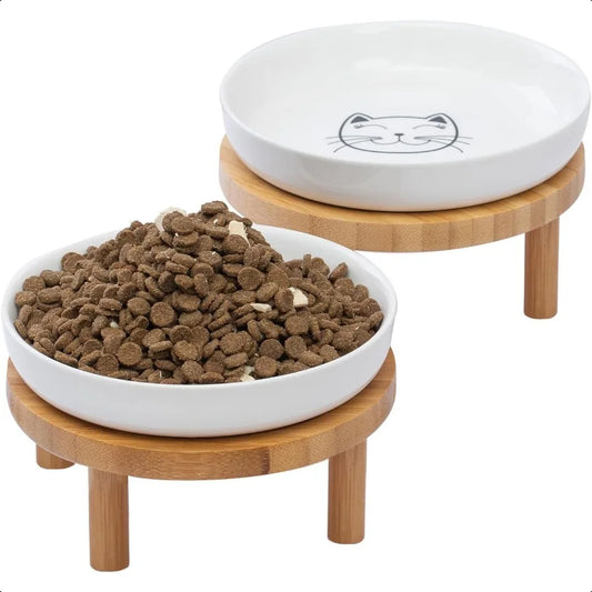 Shallow Elevated Cat Bowls 5.9 Inch Wide Raised Ceramic Cat Dishes with Bamboo Stand Whisker Friendly Pet Water or Food Plates