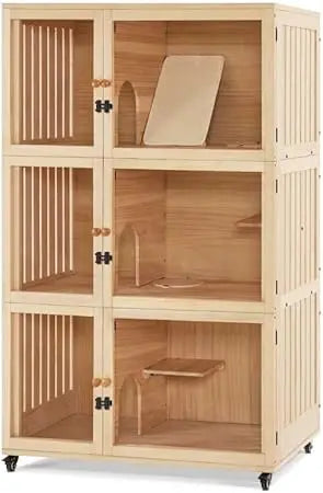 Large Wooden Cat House Villa Luxury Triple Condo with Wheels