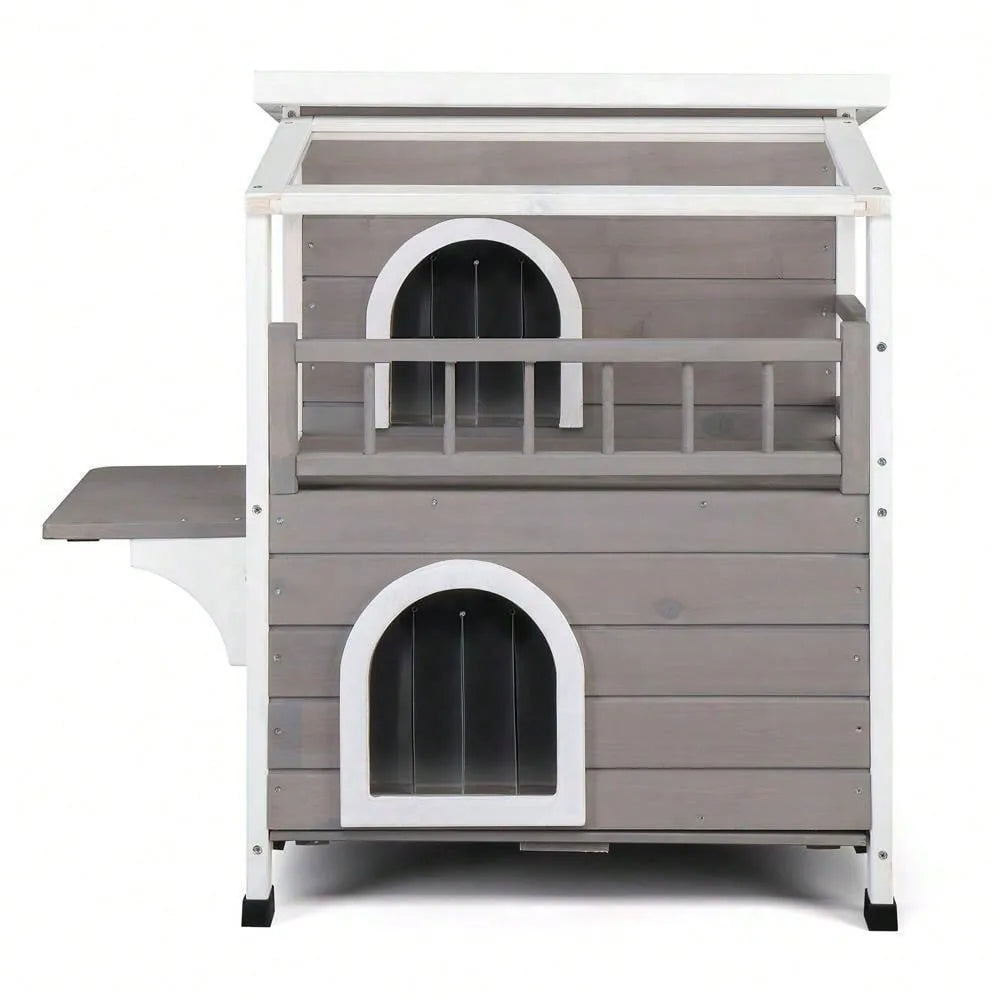 Outdoor Wood Two Floor Cat Condo Pet House with Balcony Stairs