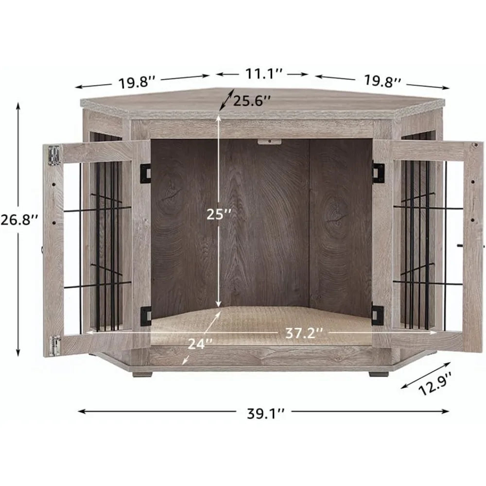 Wooden Corner Dog Crate End Table with Cushion for Small Dogs