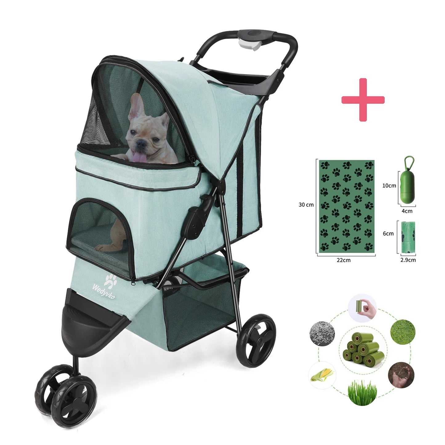 Three Wheel Foldable Pet Stroller with Storage Basket and Handle