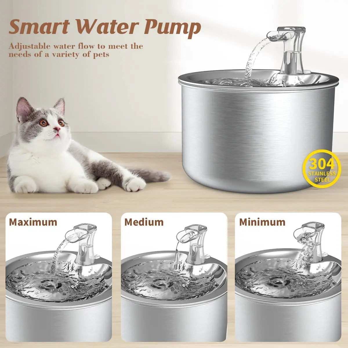 2L Fully Stainless Steel Pet Water Dispenser Automatic Cat Water Fountain with Sensor and Heater Option