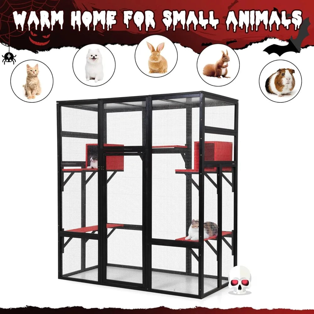 Wooden Outdoor Cat Enclosure With Perches And Condos