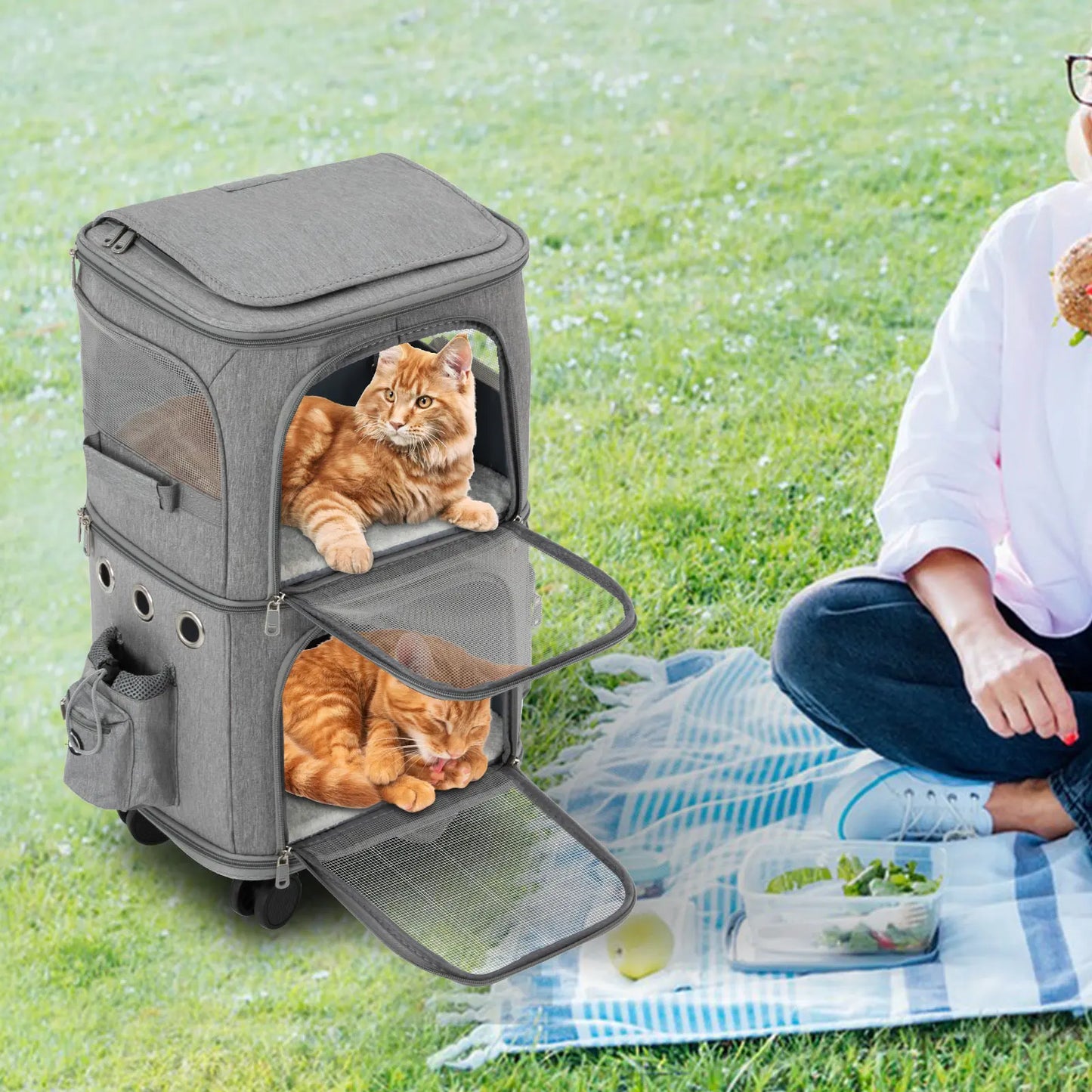 Cat Carrier Double-Compartment Rolling Carrier with Wheels Super Ventilated Design