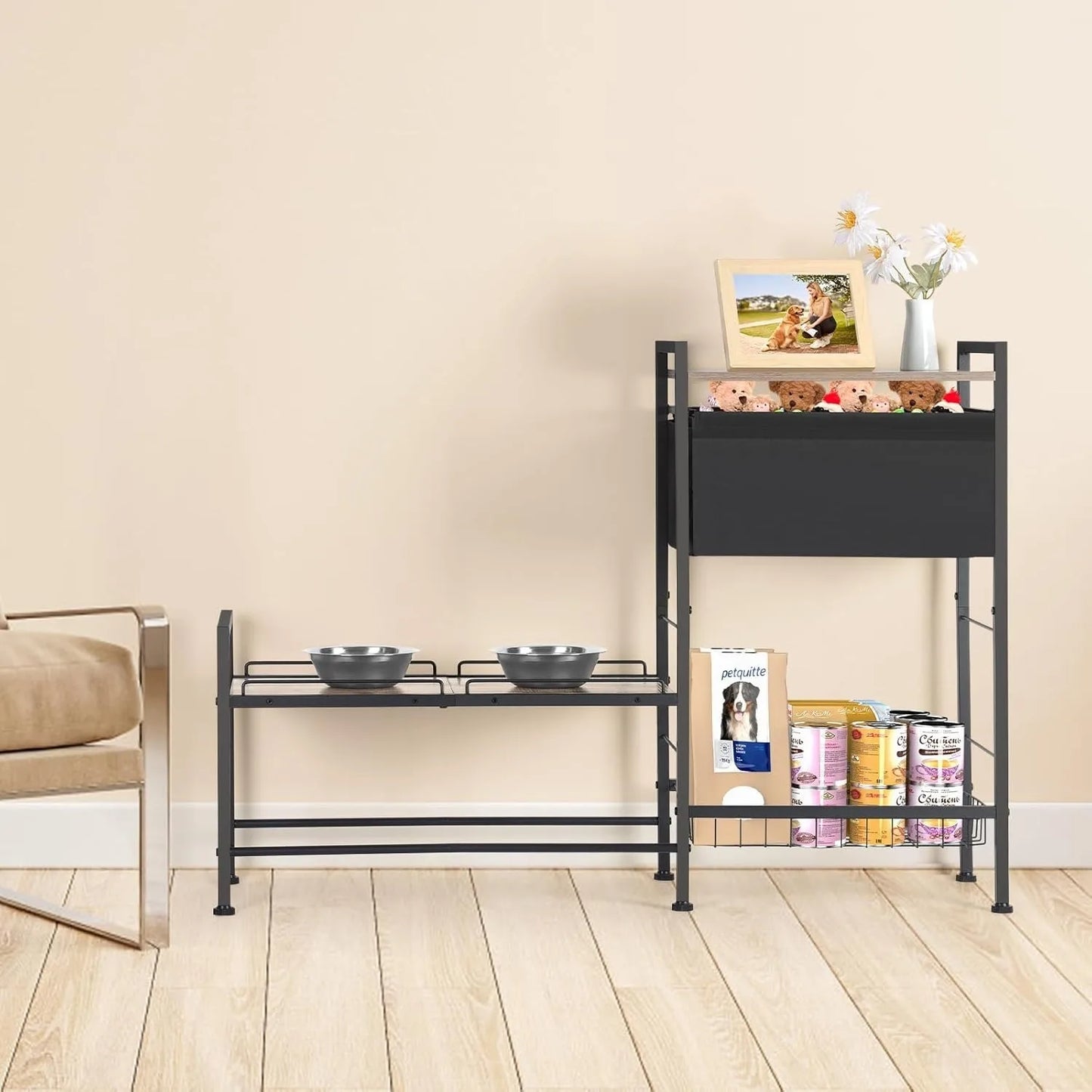 Height Adjustable Dog Bowl Stand with Storage Shelf Raised Feeder Station for Dogs