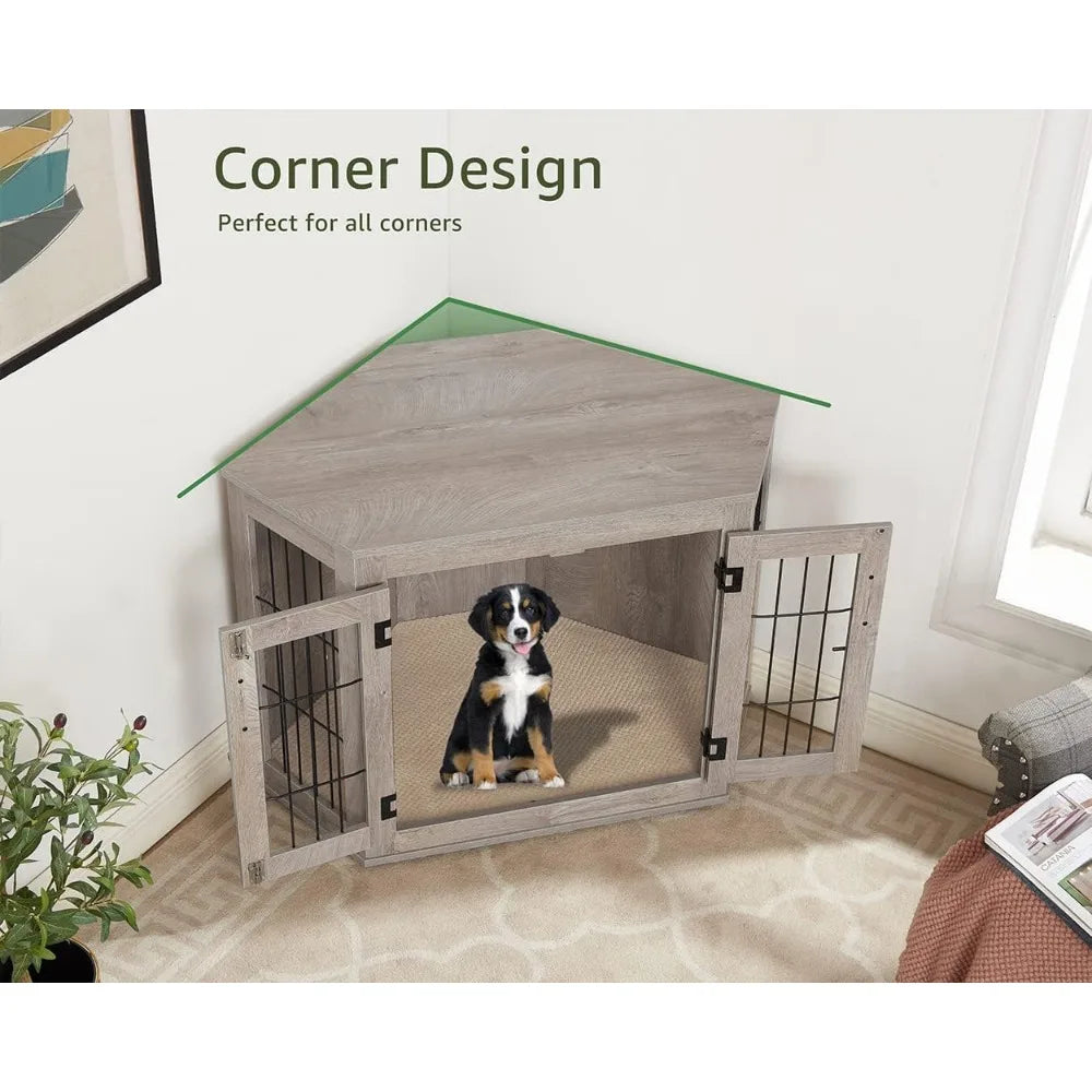 Wooden Corner Dog Crate End Table with Cushion for Small Dogs