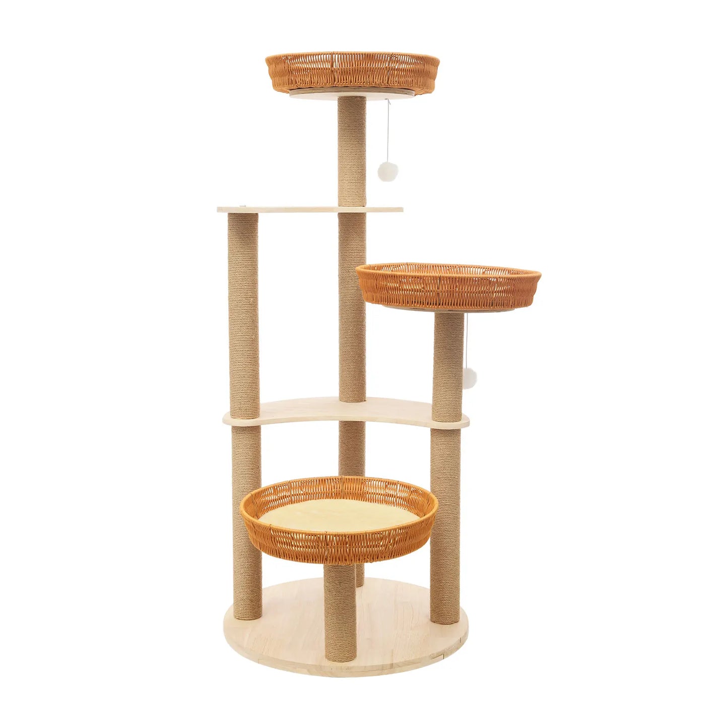 Sturdy Oak Cat Tree Jute and Wood Climbing Tower with Scratching Posts Hanging Balls and Cozy Cushions Pet Furniture