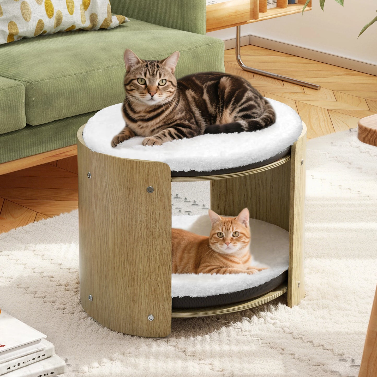 Bingopaw Elevated Cat Bed 2-Tier Cat Tree Tower with Natural Bamboo Frame and Plush Mat