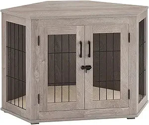 Wooden Corner Dog Crate End Table with Cushion for Small Dogs