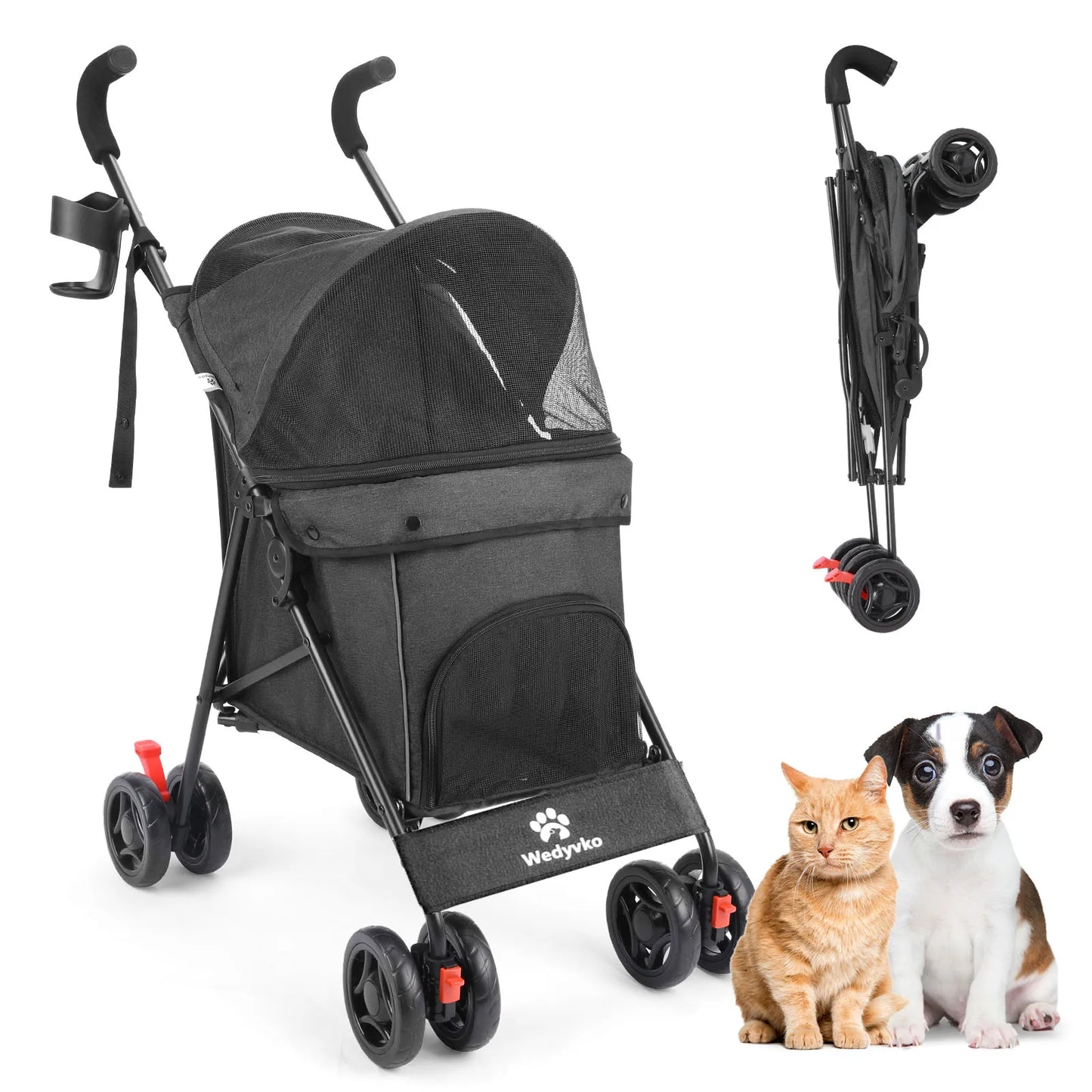 Pet Dog Stroller with Four Wheels Portable Puppy Stroller with Rotating Brakes and Storage for Dogs and Cats Travel and Outdoor Use