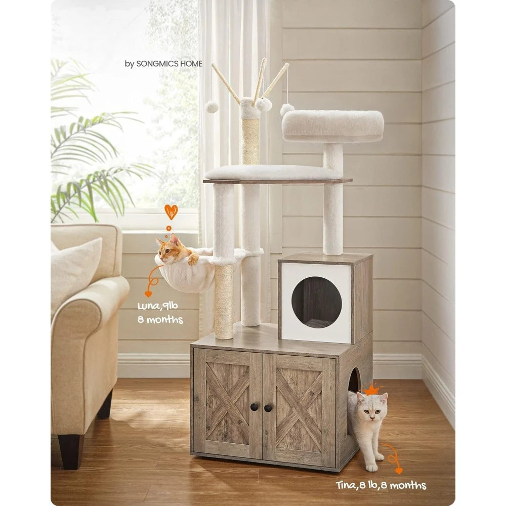 Cat Tree With Litter Box Enclosure 2 In 1 Modern Cat Tower 55.1 Inch Cat Condo With Scratching Posts Removable Pompom Sticks