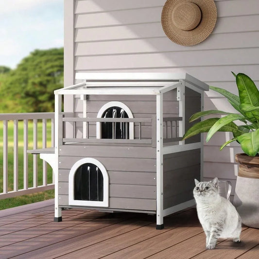 Outdoor Wood Two Floor Cat Condo Pet House with Balcony Stairs