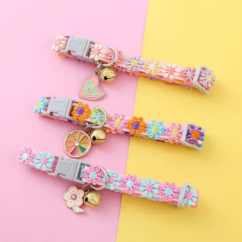 CN Floral Cat Collar With Bell Adjustable Buckle Lace