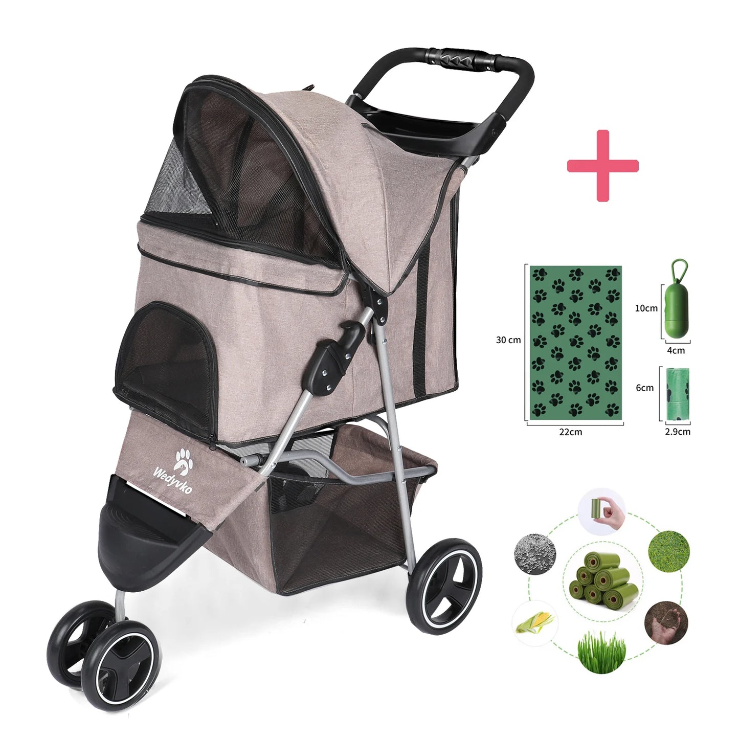 Three Wheel Foldable Pet Stroller with Storage Basket and Handle
