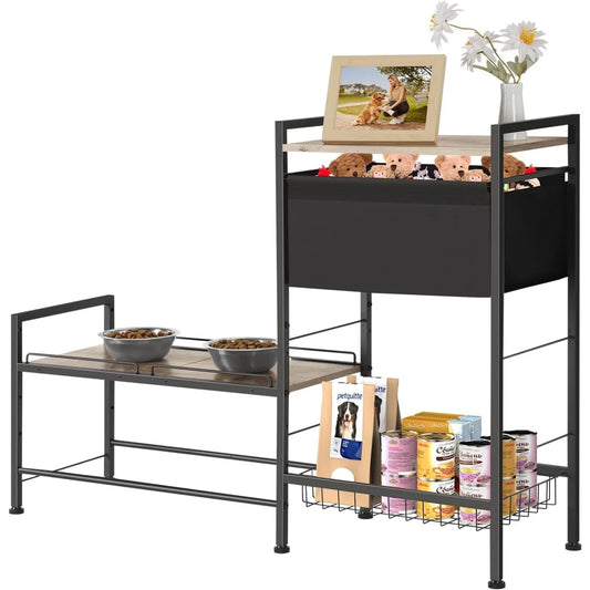 Height Adjustable Dog Bowl Stand with Storage Shelf Raised Feeder Station for Dogs