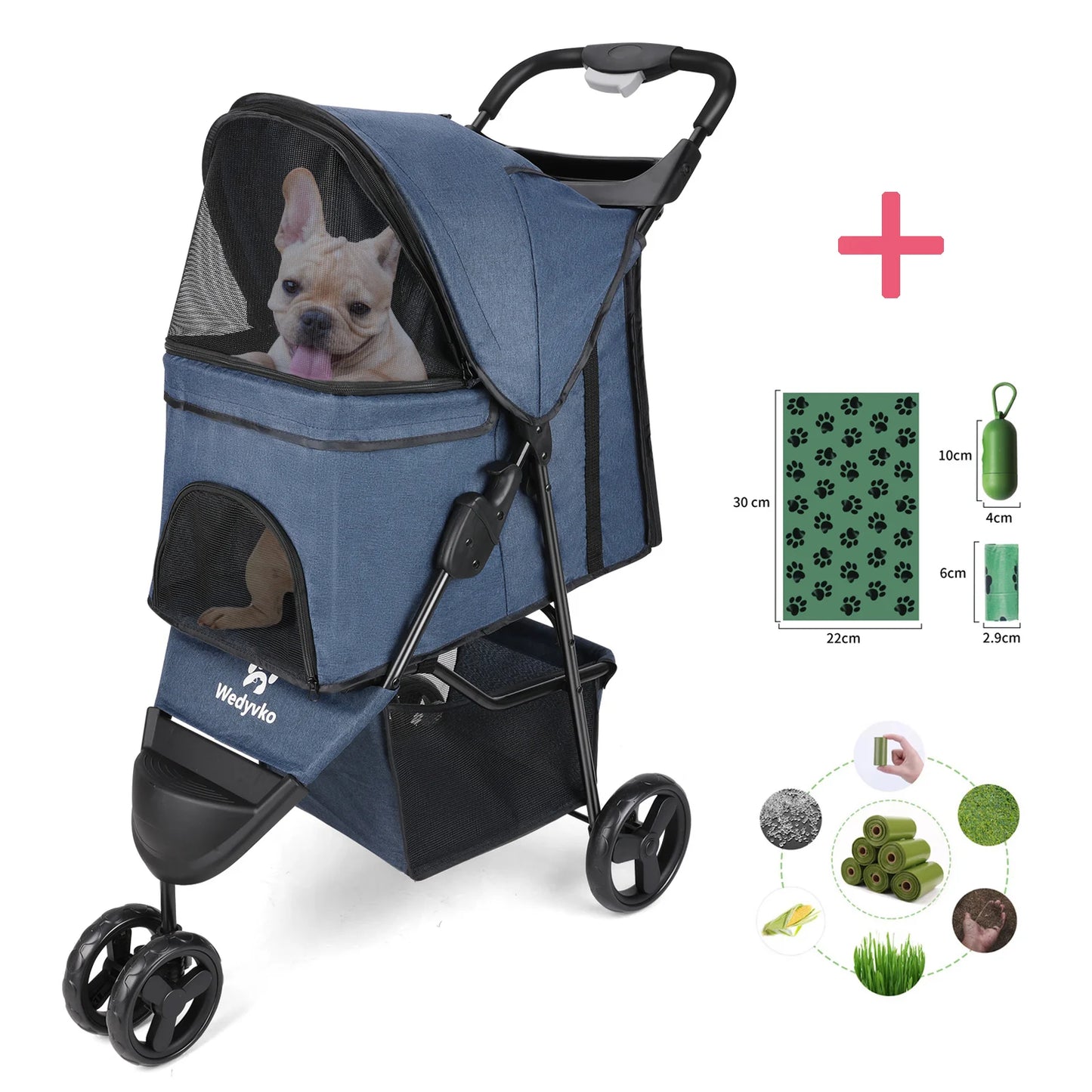Three Wheel Foldable Pet Stroller with Storage Basket and Handle