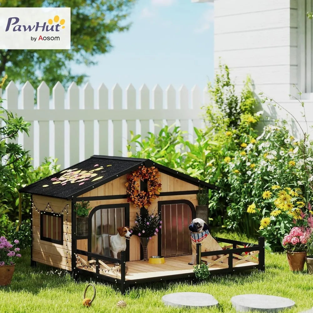 Natural Wood Double Dog House Outdoor Kennel With Porch