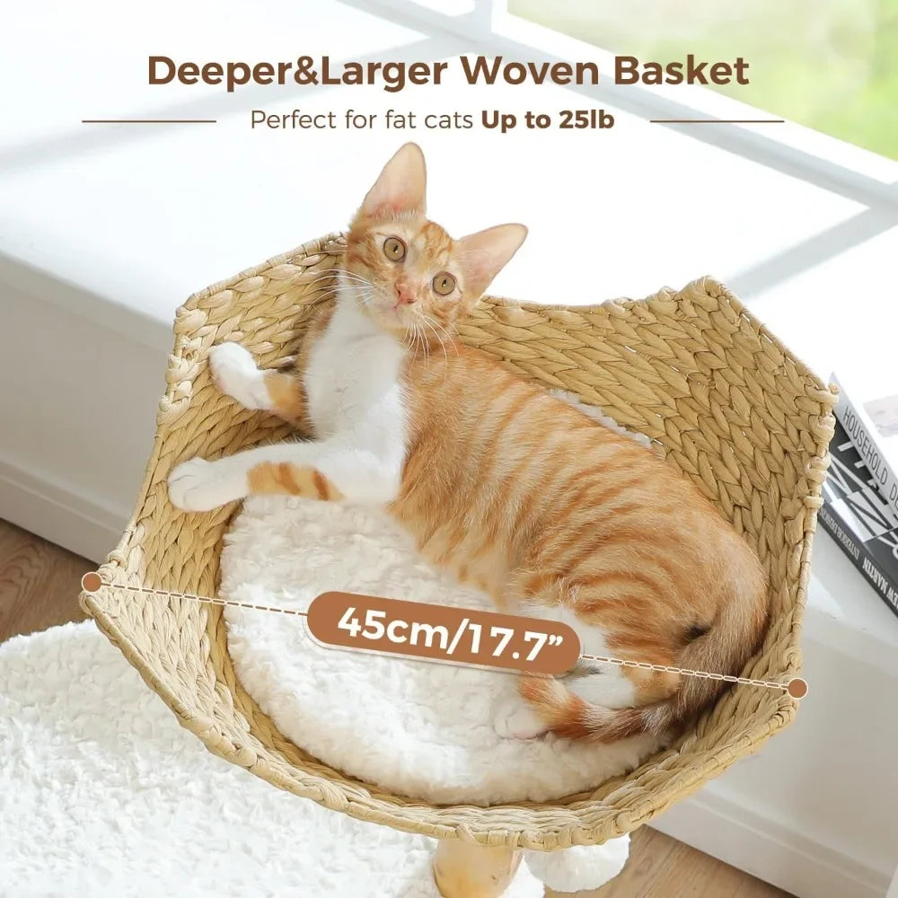 Cat Tree for Indoor Cats Large Adults Modern Cat Tree Tower with Spacious Wicker Basket Natural Solid Wood Scratching Posts