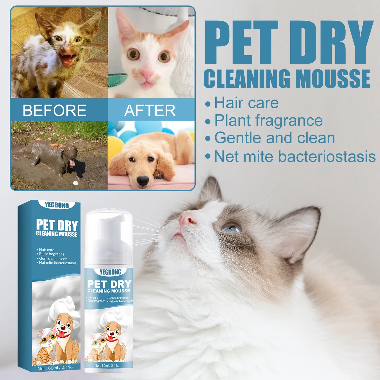 60ml Pet Dry Cleaning Agent Deodorizing Shampoo Waterless Body Wash for Small Animals