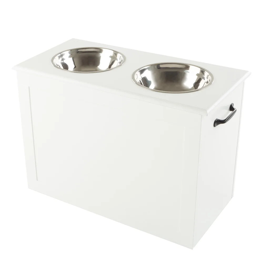 Elevated Dog Bowls with Hidden Storage Compartment Stainless Steel Pet Feeder Station Easy Clean Adjustable Height Organizer