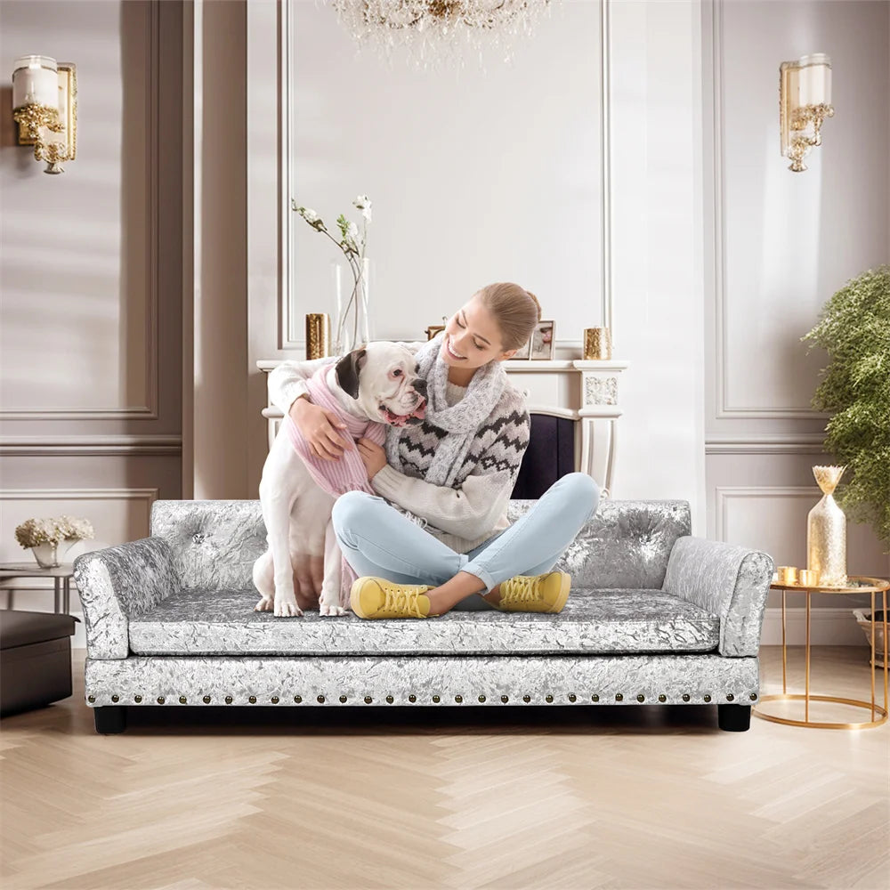 Luxury Velvet Tufted Dog Sofa Bed With Wood Frame
