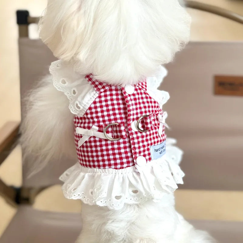 Miss Doggy Lace Puppy Harness Vest Plaid Summer Dog Outfit