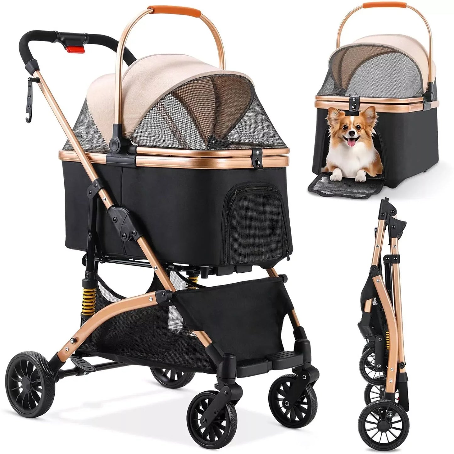 2 in 1 Dog Buggy Stroller with 360 Degree Wheels and Storage Basket