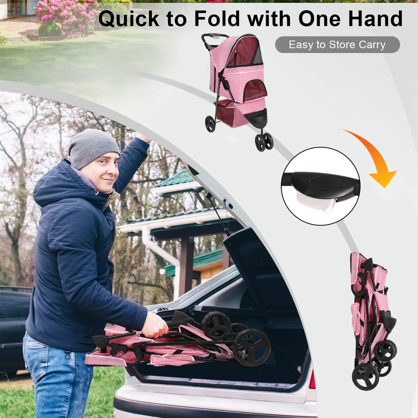 Three Wheel Foldable Pet Stroller with Storage Basket and Handle