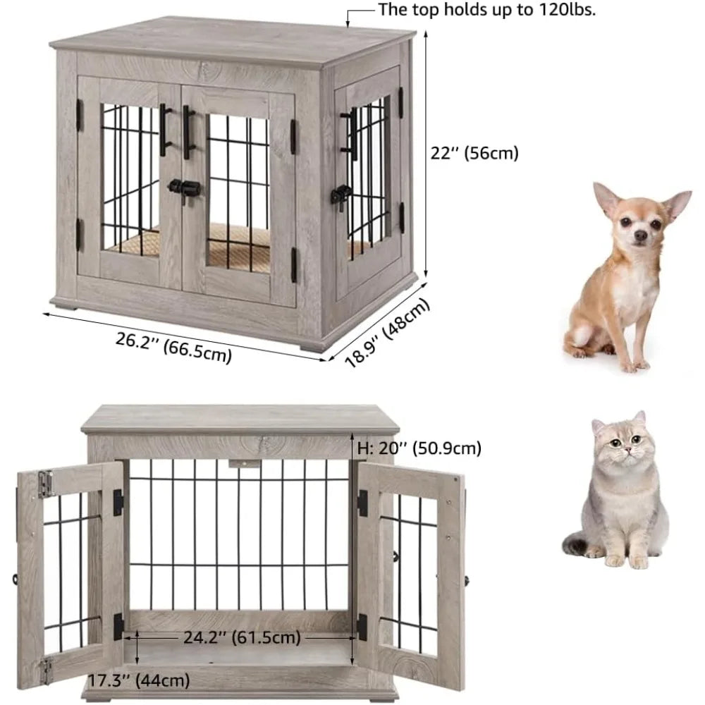 Furniture Style Dog Crate End Table Wooden Wire Kennel with Pet Bed