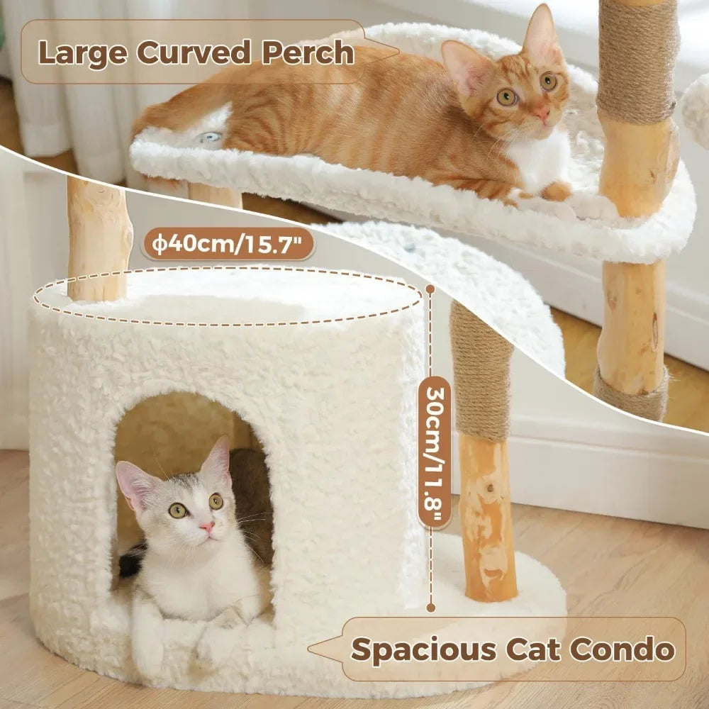 Cat Tree for Indoor Cats Large Adults Modern Cat Tree Tower with Spacious Wicker Basket Natural Solid Wood Scratching Posts