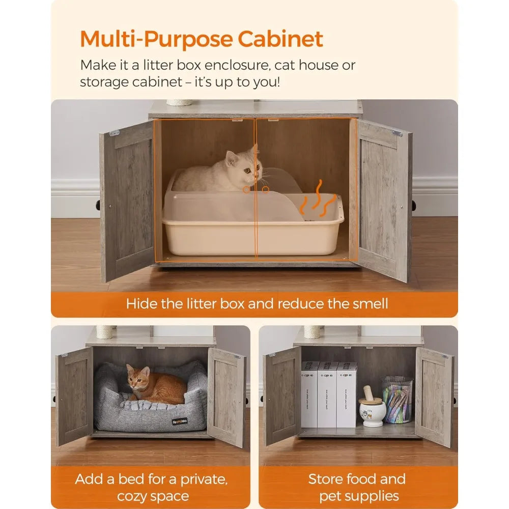 Cat Tree With Litter Box Enclosure 2 In 1 Modern Cat Tower 55.1 Inch Cat Condo With Scratching Posts Removable Pompom Sticks