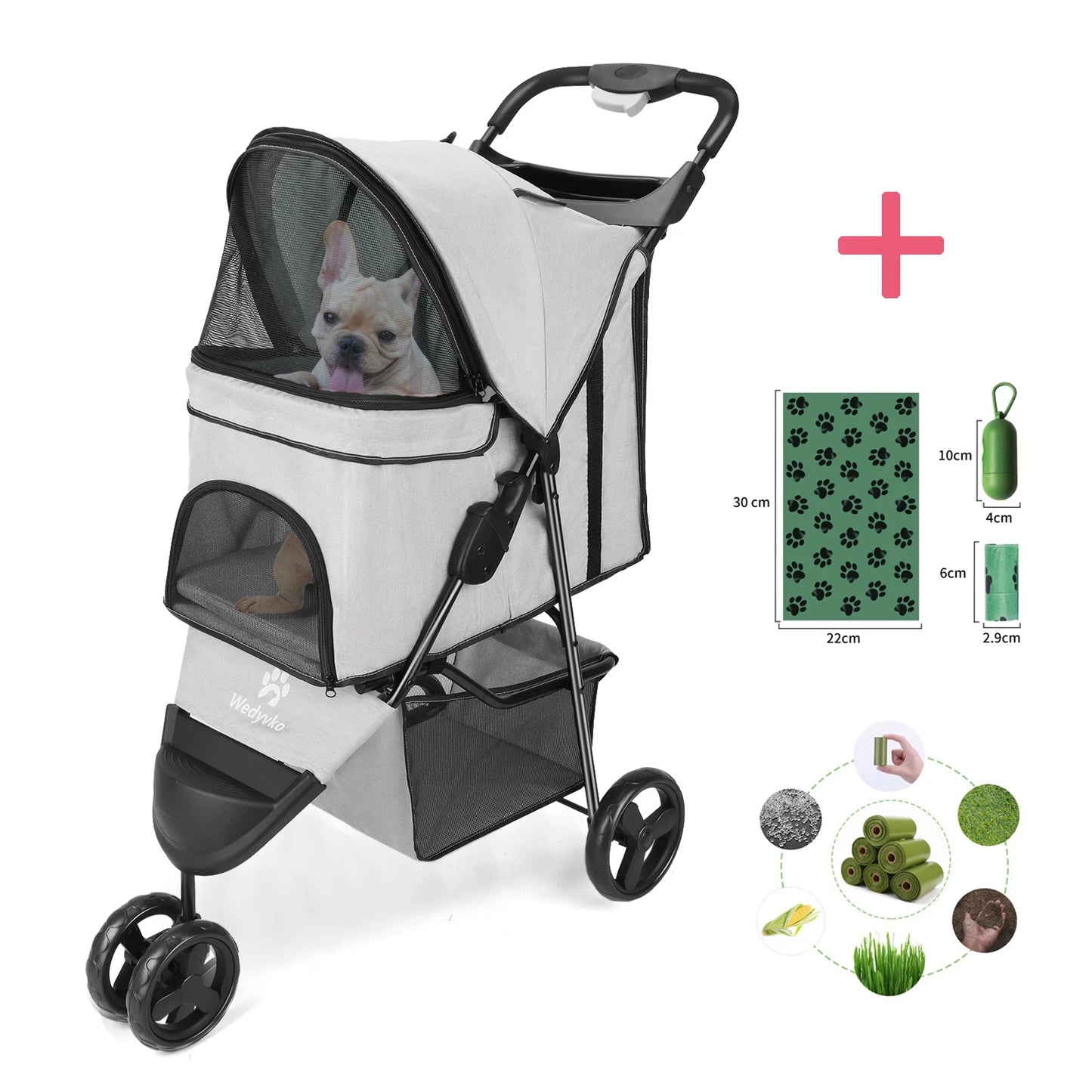 Three Wheel Foldable Pet Stroller with Storage Basket and Handle