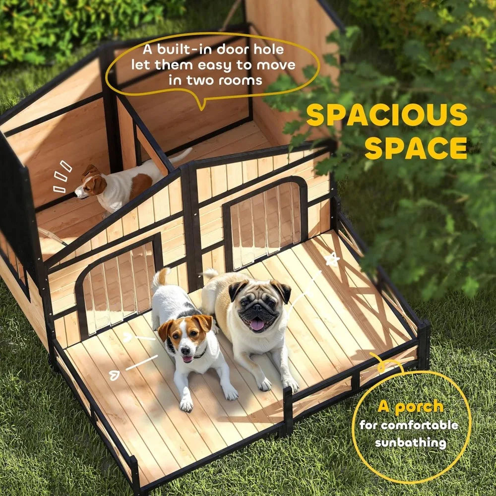 Natural Wood Double Dog House Outdoor Kennel With Porch