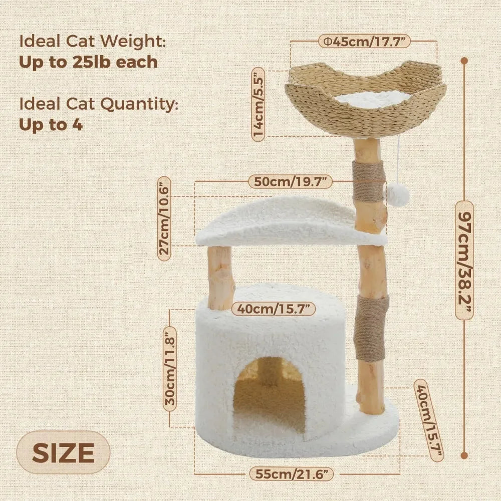Cat Tree for Indoor Cats Large Adults Modern Cat Tree Tower with Spacious Wicker Basket Natural Solid Wood Scratching Posts