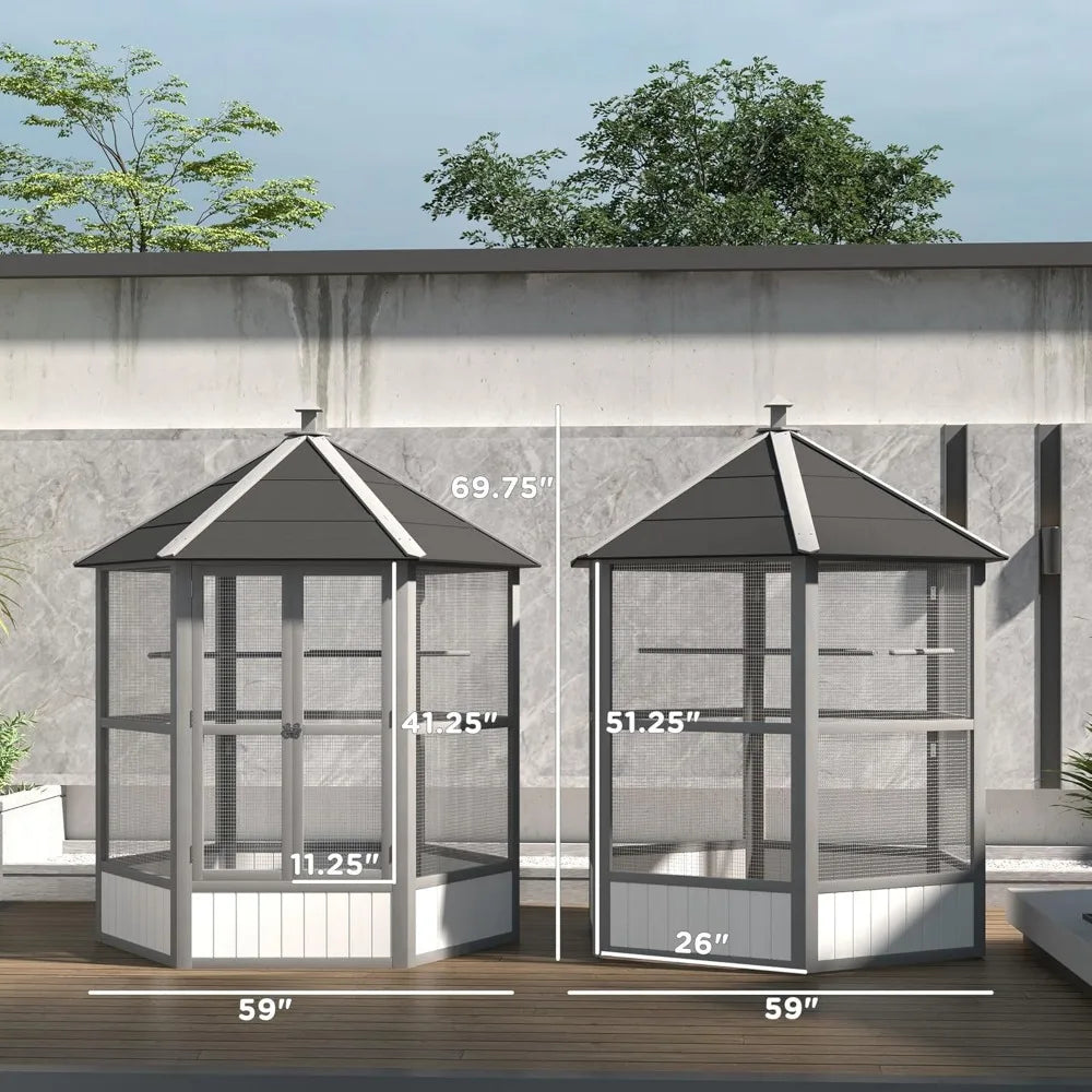 Hexagonal Outdoor Wooden Bird Aviary With Covered Roof