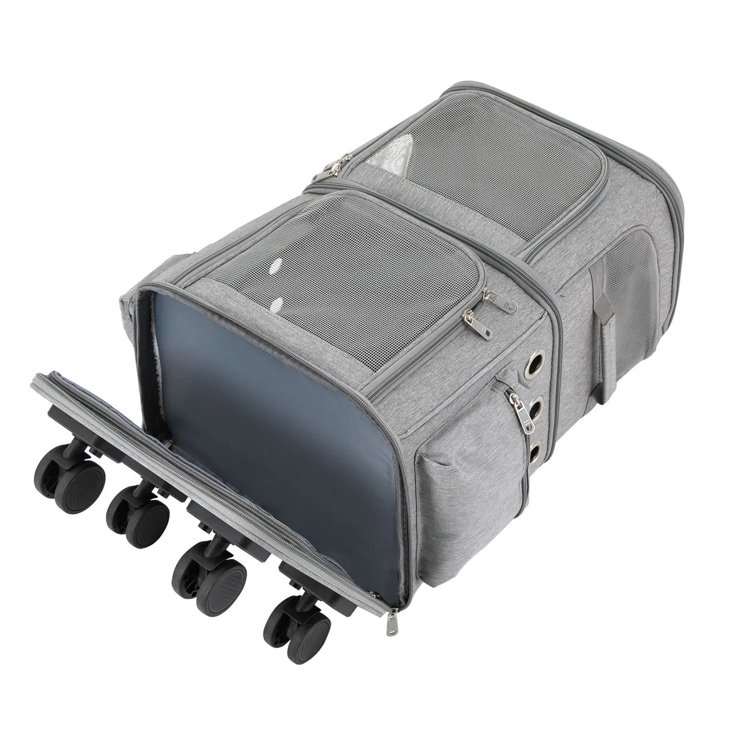 Cat Carrier Double-Compartment Rolling Carrier with Wheels Super Ventilated Design