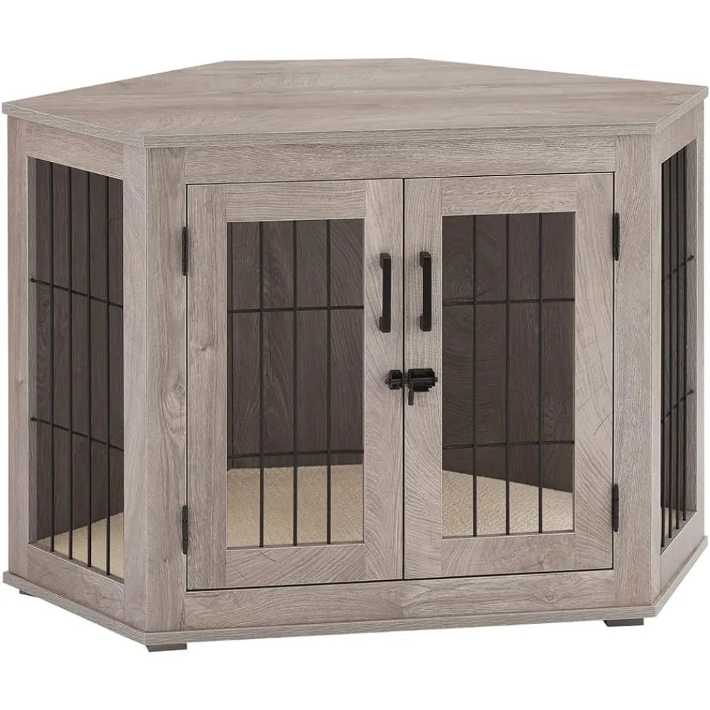 Wooden Corner Dog Crate End Table with Cushion for Small Dogs