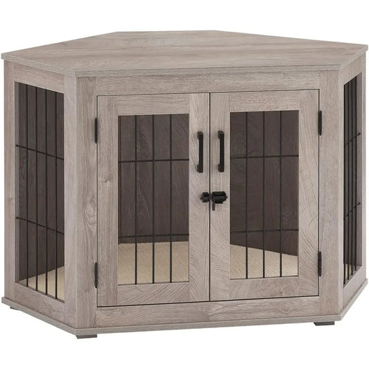 Wooden Corner Dog Crate End Table with Cushion for Small Dogs
