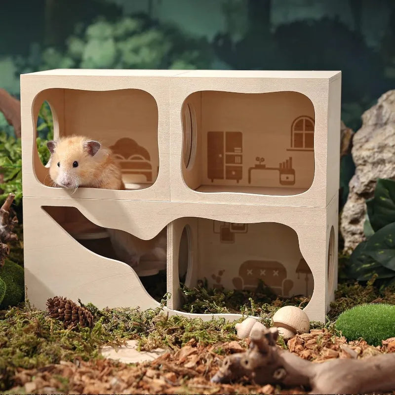 Wooden Hideout House With Tunnel for Small Pets