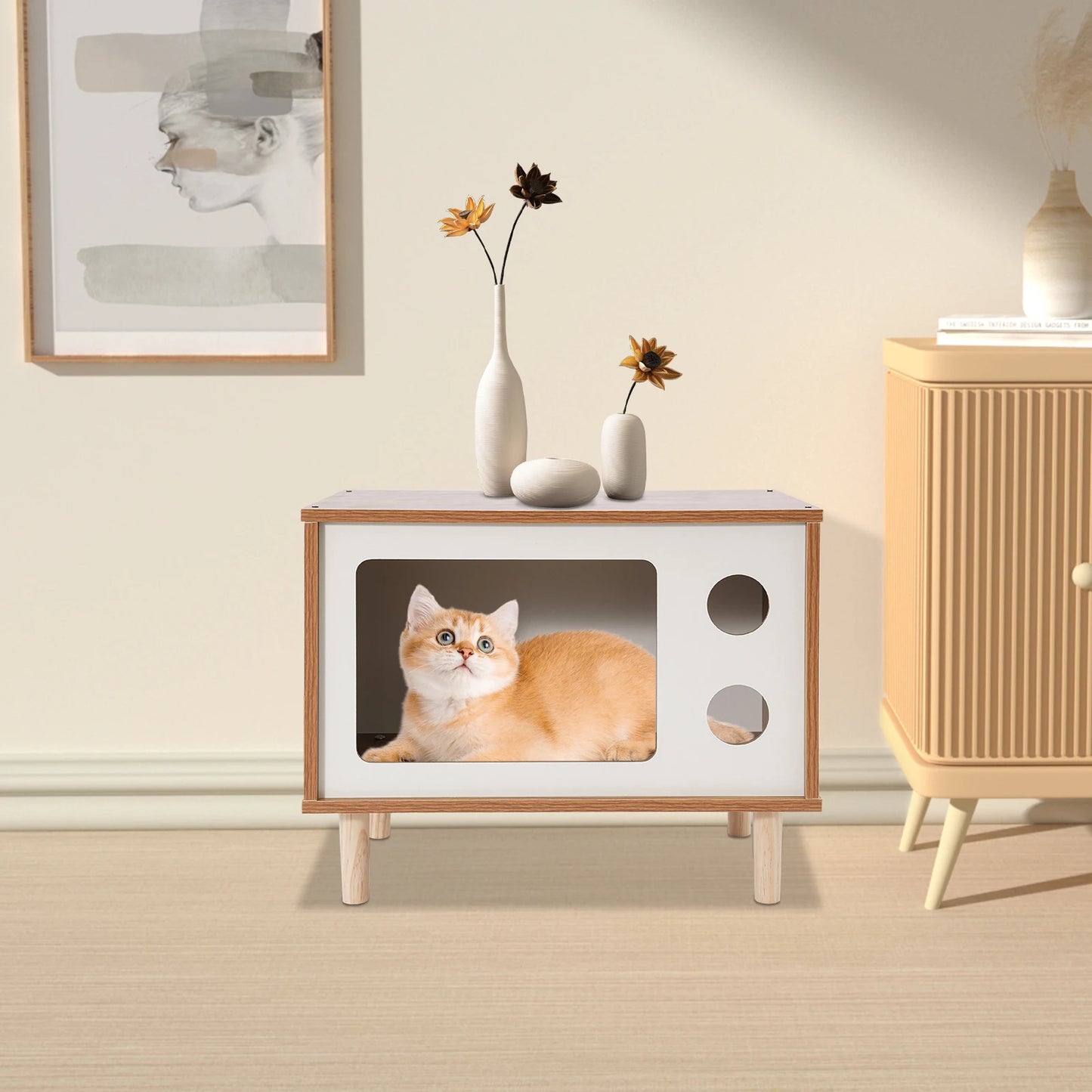 Wooden TV-Shaped Cat House by NoEnName Wear-Resistant Cat Bed for Small Pets
