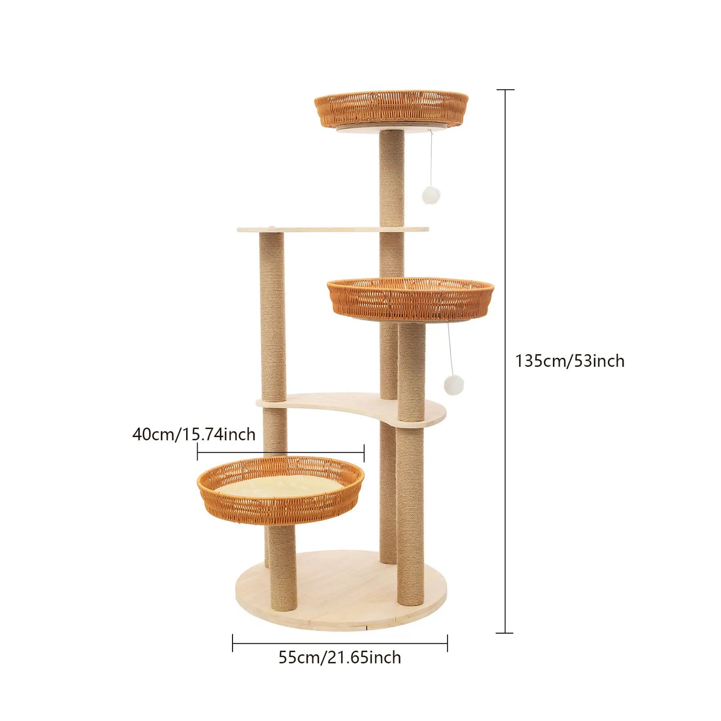Sturdy Oak Cat Tree Jute and Wood Climbing Tower with Scratching Posts Hanging Balls and Cozy Cushions Pet Furniture